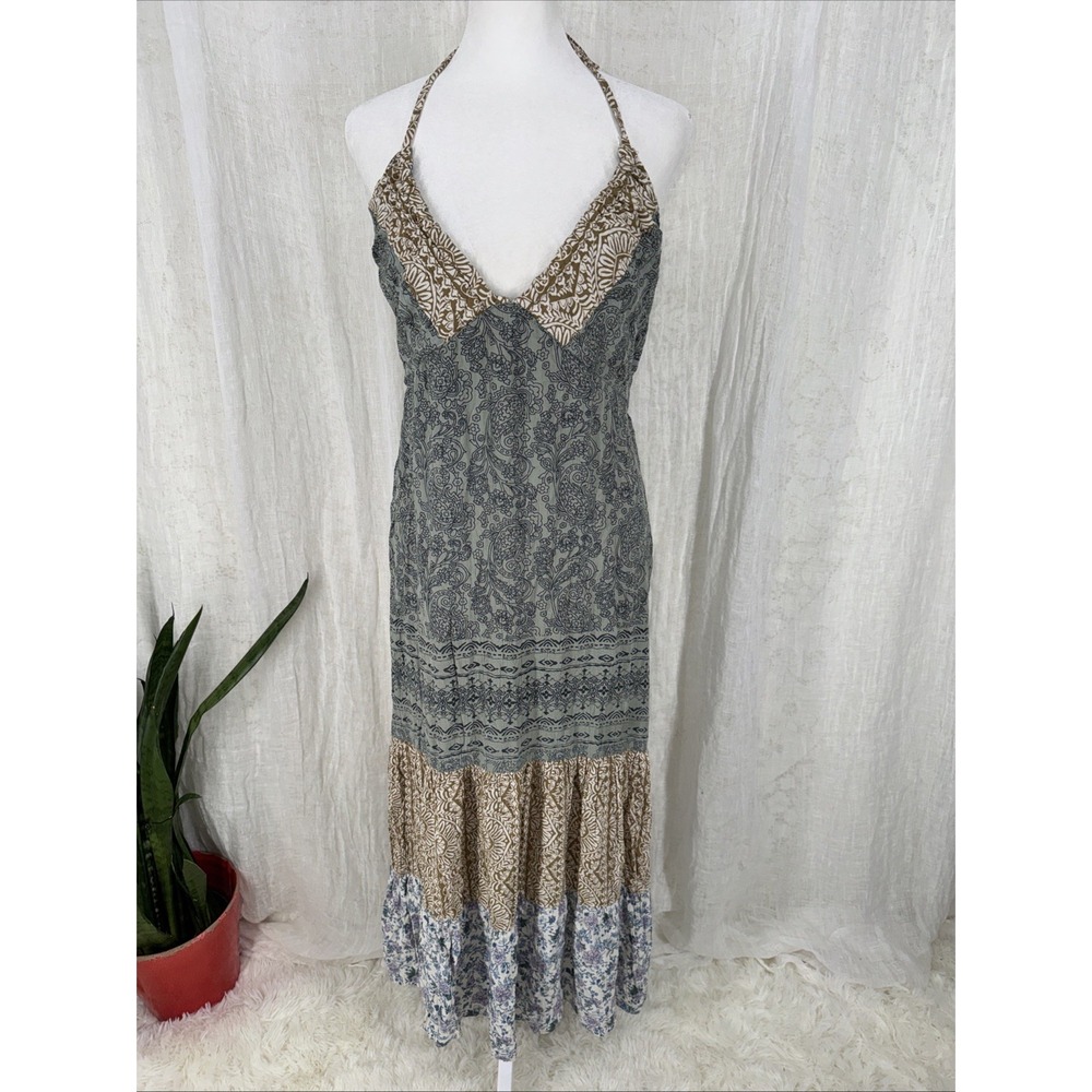 Angie Tiered Boho Maxi Halter Dress L Hippie Forest Fairy Paisley Earthy Y2K